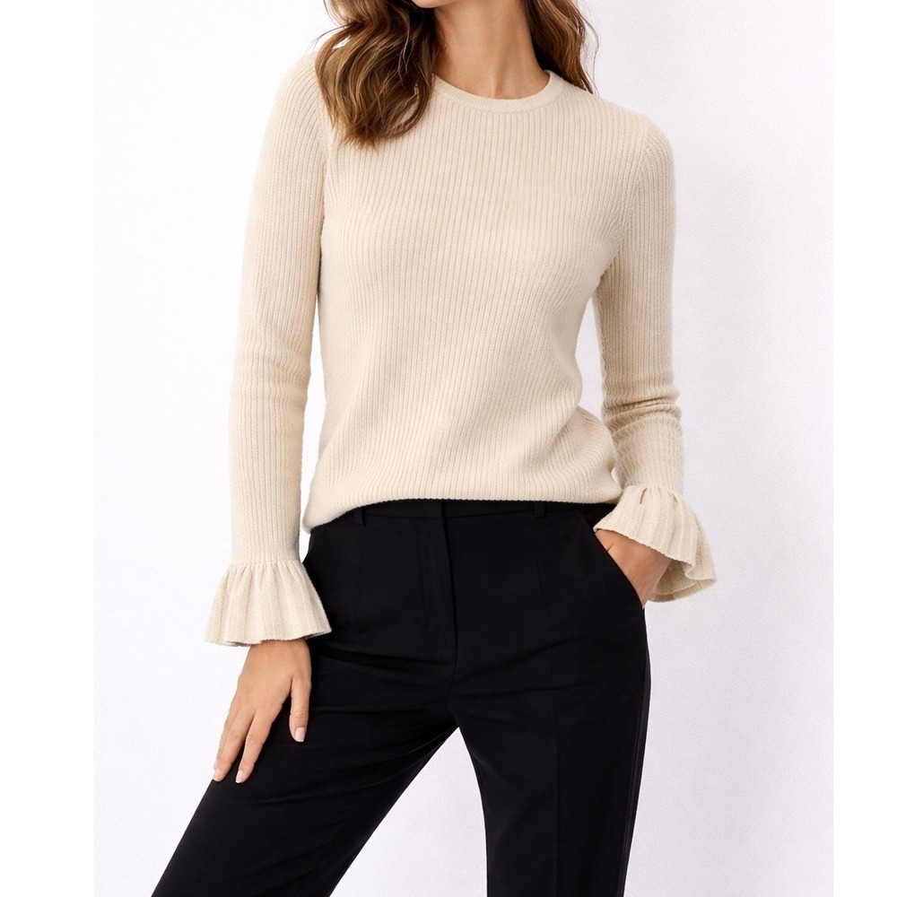 Quiet Luxury Ann Taylor Wool‎ Cashmere Ribbed Sweater Cream Medium